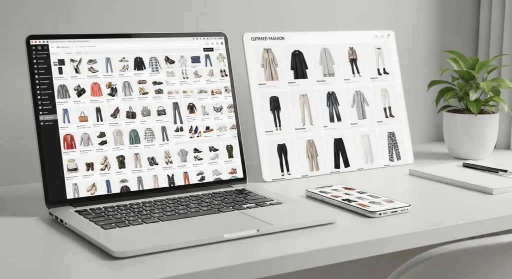 Realistischer Vergleich von großer Modeauswahl bei Zalando und kuratierter Trendmode bei About You auf digitalen Geräten dargestellt